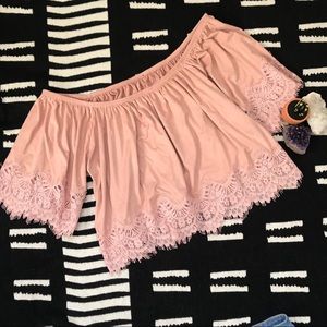 Buffalo | Blush Suede & Lace Cropped Blouse L